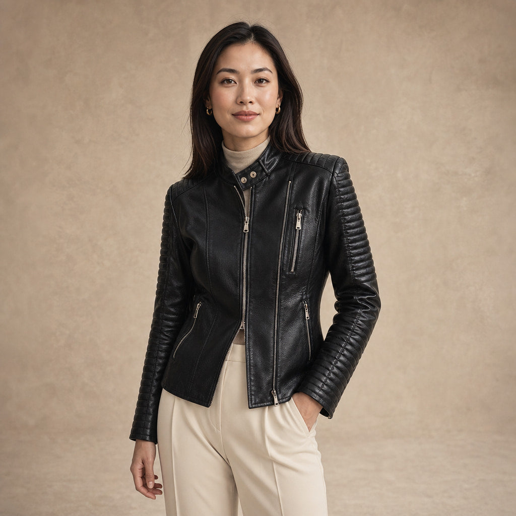 Faux Leather Biker Jacket with Zip Details for Women in Black – Mampierimoda Premium Womenswear