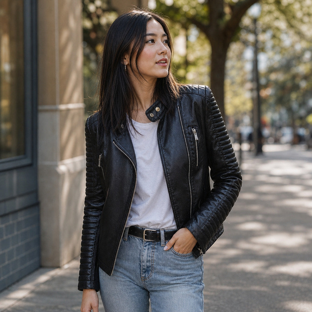 Faux Leather Biker Jacket with Zip Details for Women Black – Styled Editorial Shot