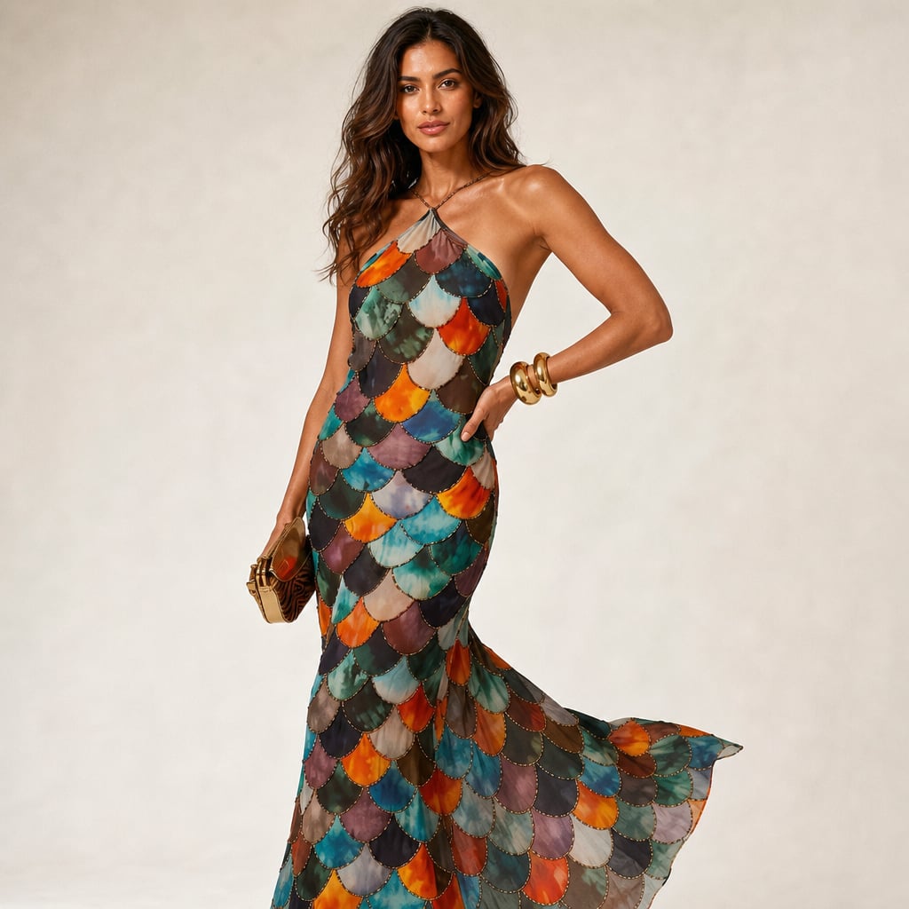 Fitted Scale Print Maxi Dress Summer Geometric – Side Angle View