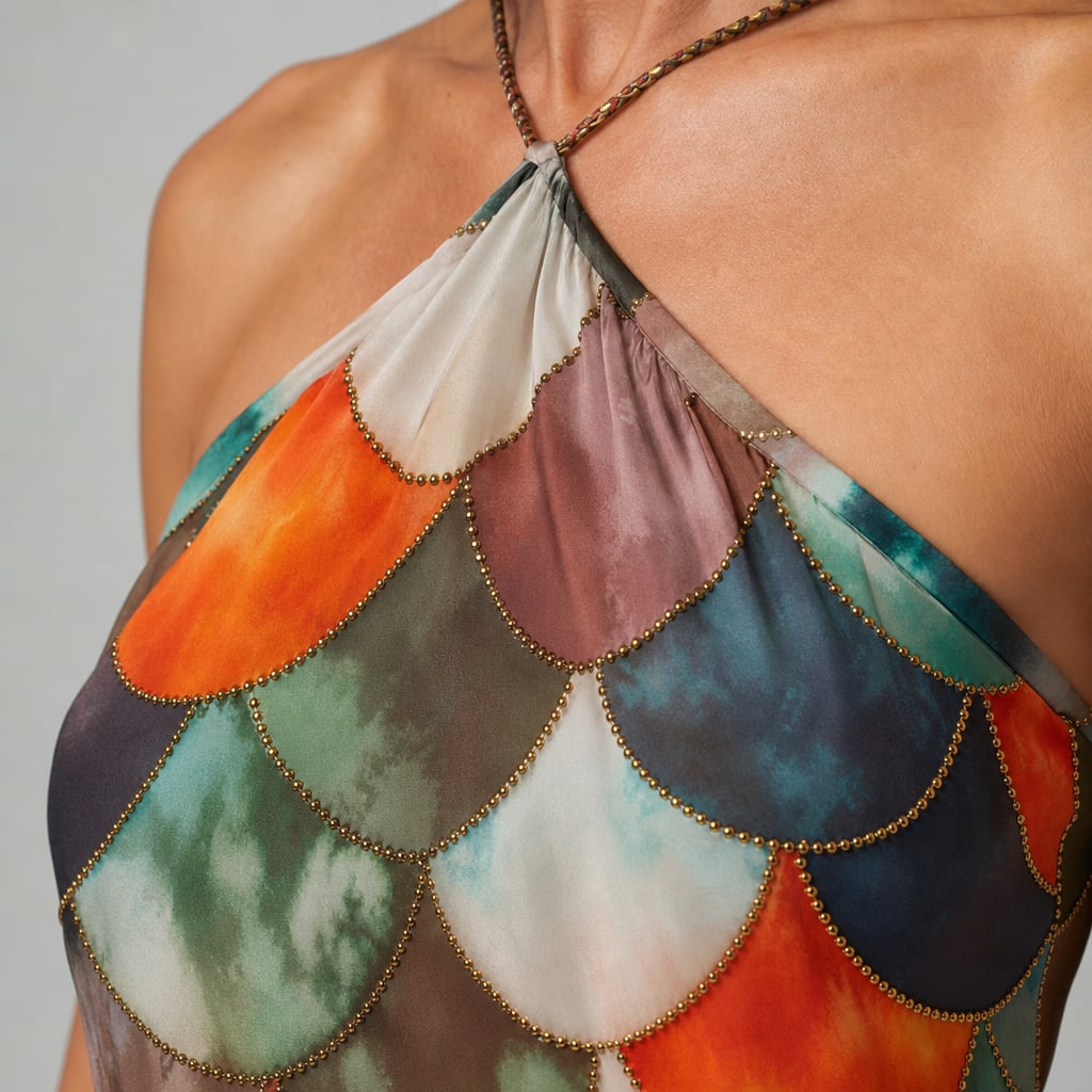 Fitted Scale Print Maxi Dress Summer Geometric – Fabric and Detail Close-Up