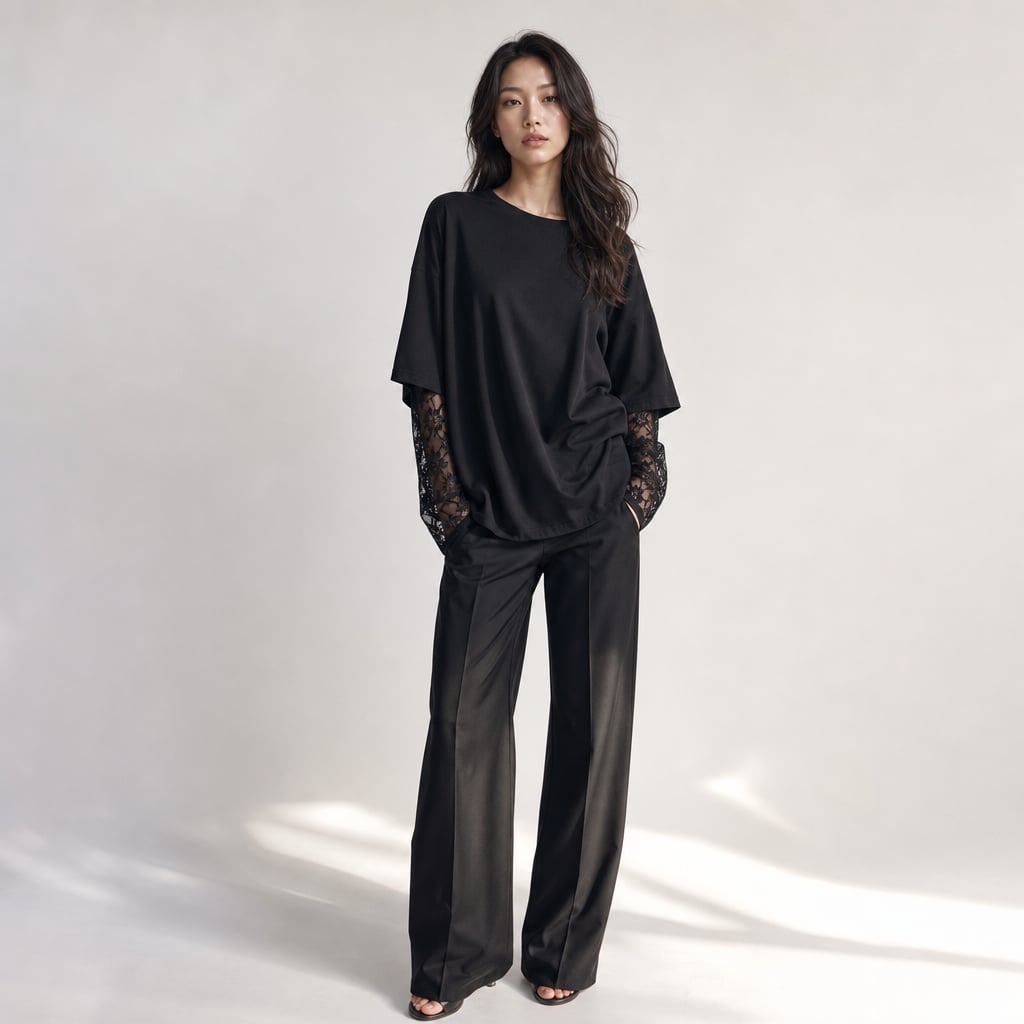 Francesca Lace Tee Black Black – Full Look