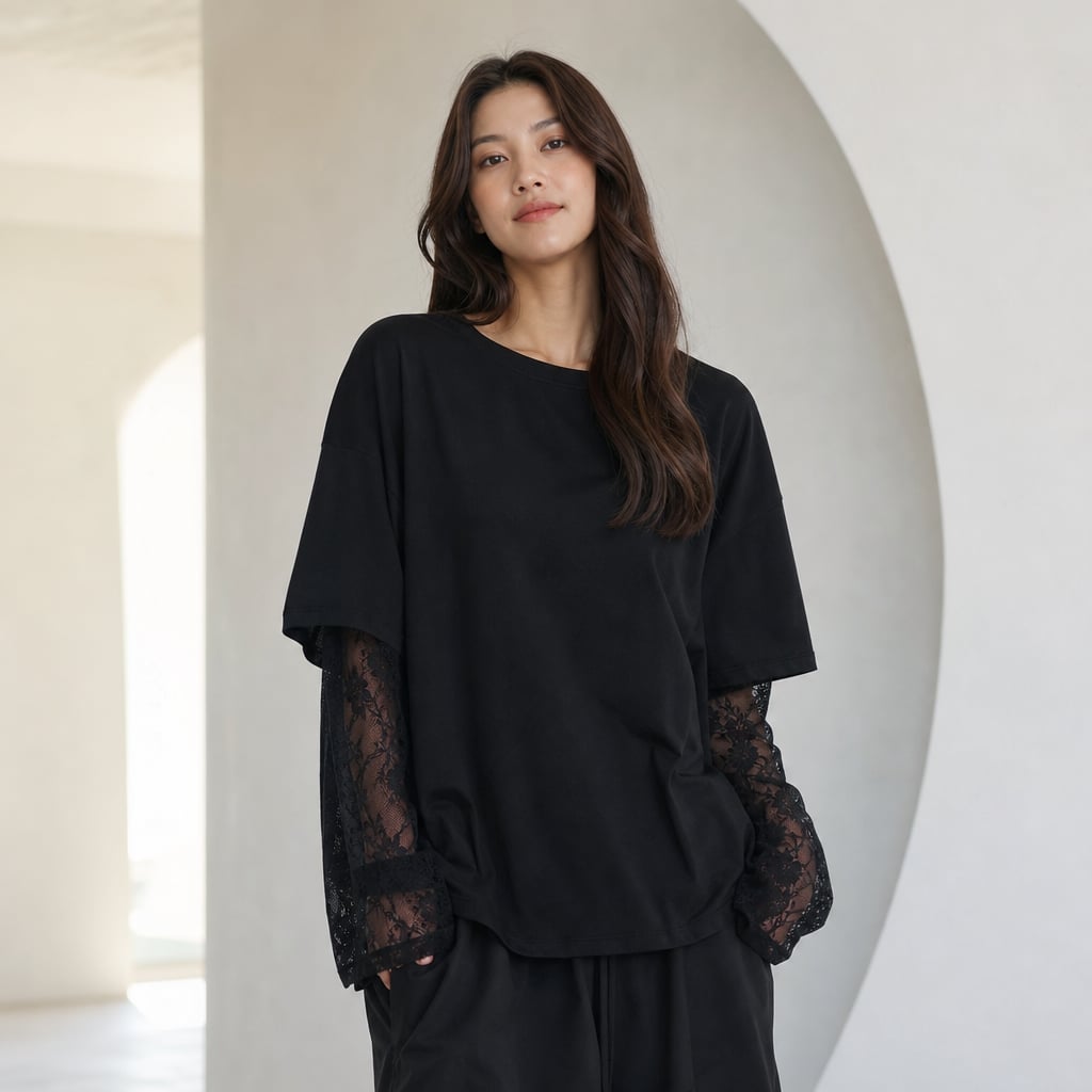 Francesca Lace Tee Black Black – Styled Editorial Shot