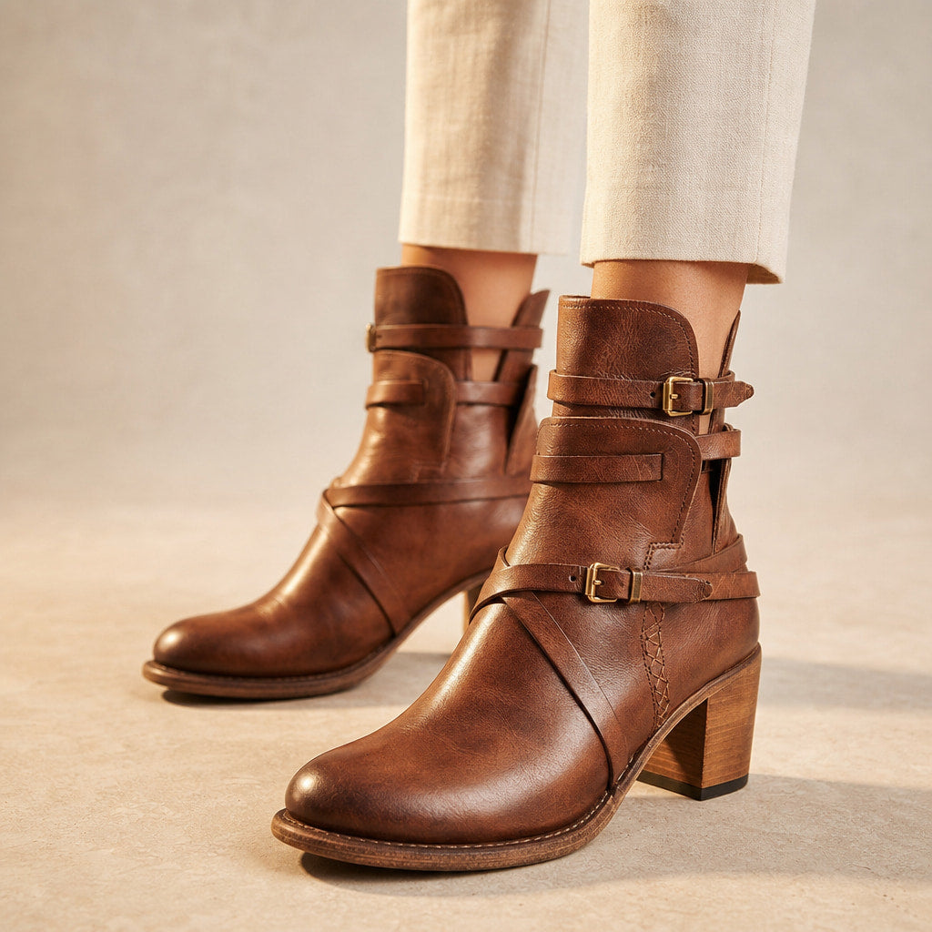 Genevieve Women's Distressed Leather Ankle Boots Brown – Product Photo