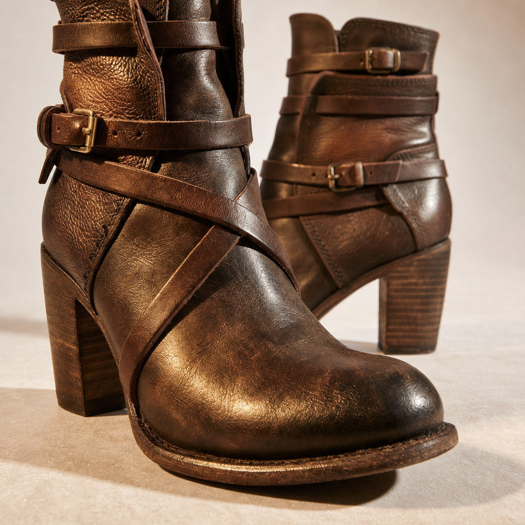 Genevieve Women's Distressed Leather Ankle Boots Dark Brown – Fabric and Detail Close-Up