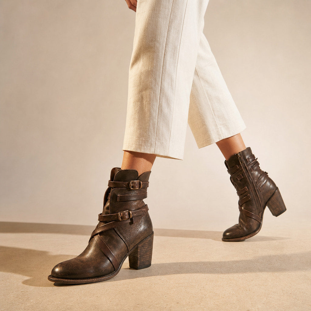 Genevieve Women's Distressed Leather Ankle Boots Dark Brown – Product Photo
