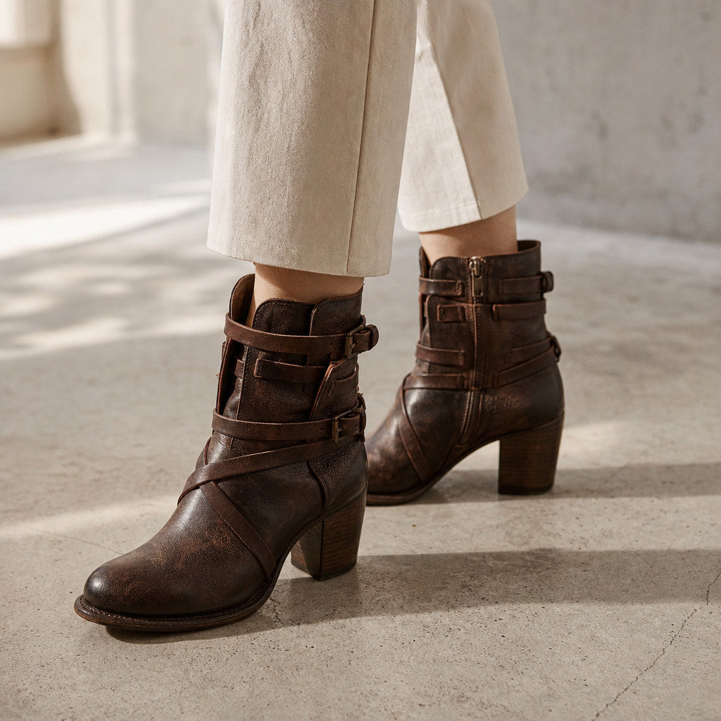 Genevieve Women's Distressed Leather Ankle Boots Dark Brown – Styled Editorial Shot, Detail