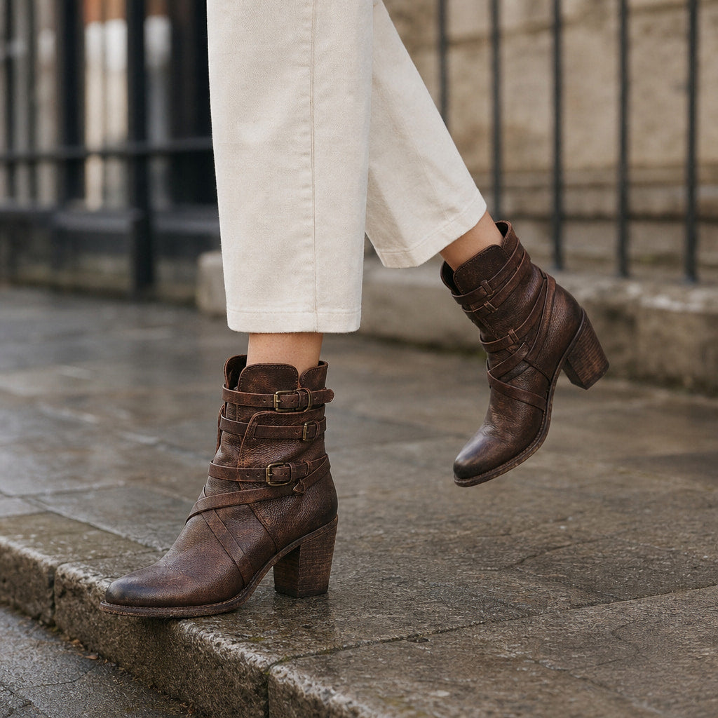 Genevieve Women's Distressed Leather Ankle Boots Dark Brown – Styled Editorial Shot
