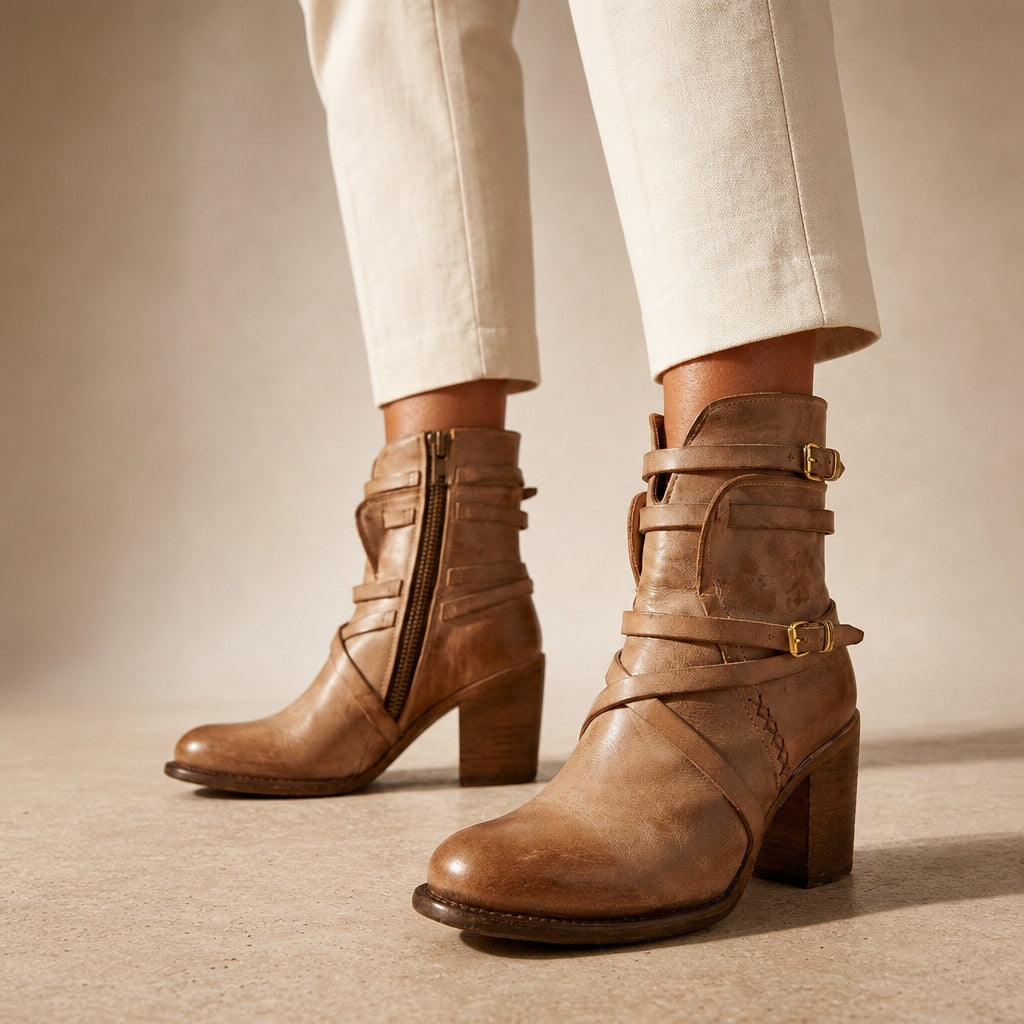 Genevieve Women's Distressed Leather Ankle Boots Light Brown – Product Photo