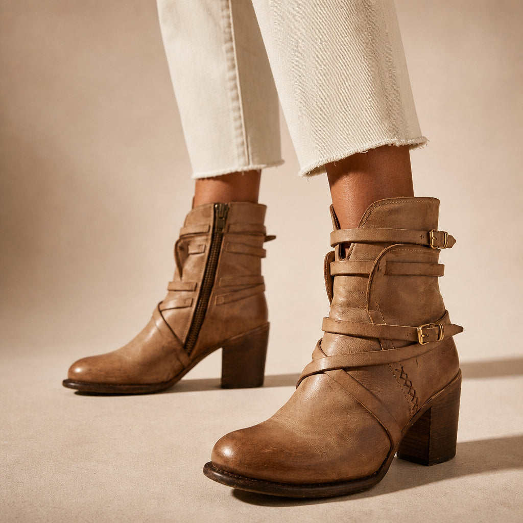 Genevieve Women's Distressed Leather Ankle Boots in Light Brown – Mampierimoda Premium Womenswear