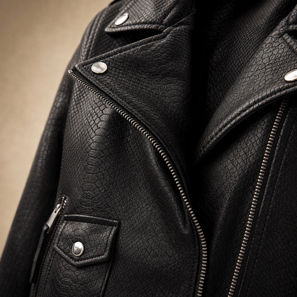 Snake Print Biker Jacket Slim Fit Black – Fabric and Detail Close-Up