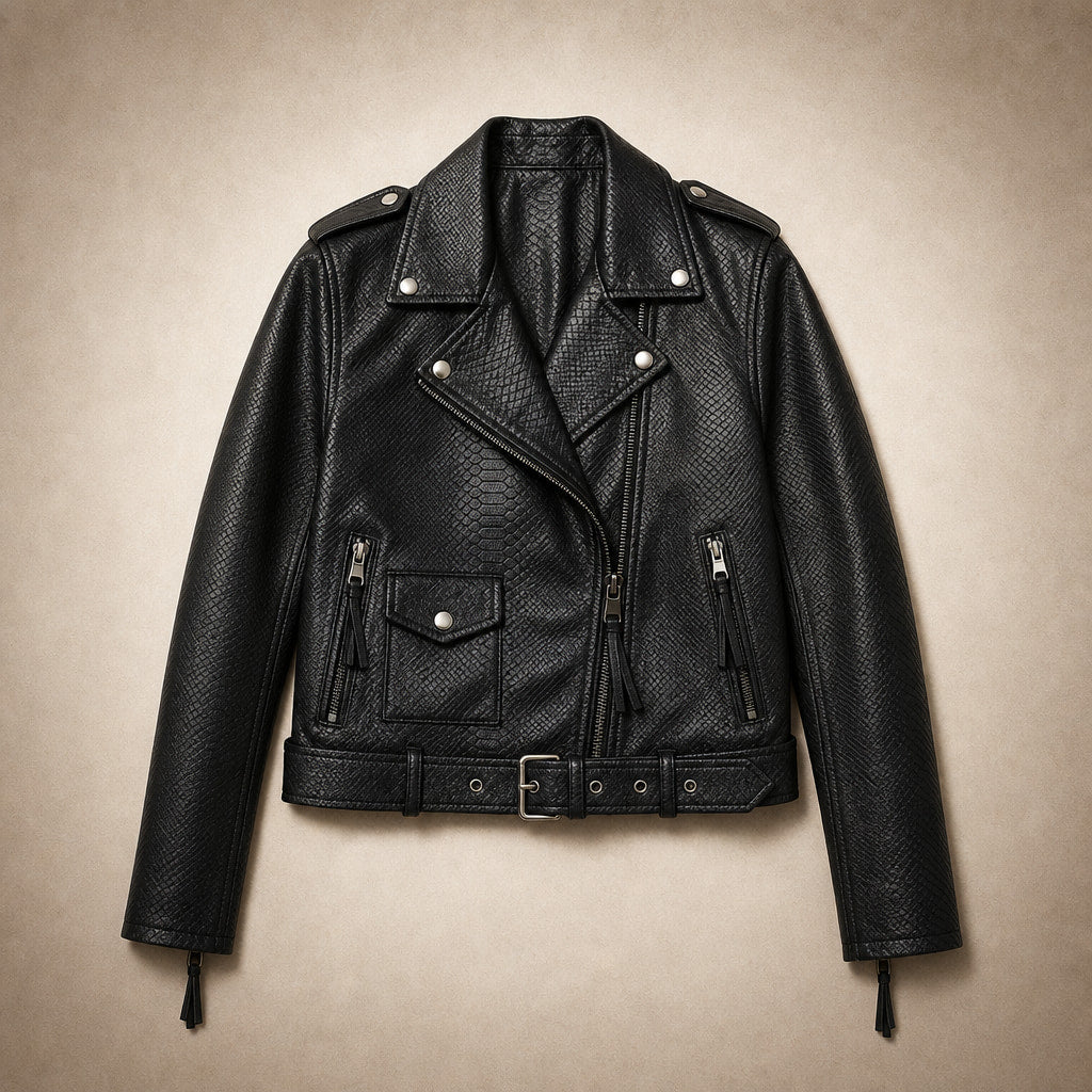 Snake Print Biker Jacket Slim Fit Black – Flat Lay Product Photo