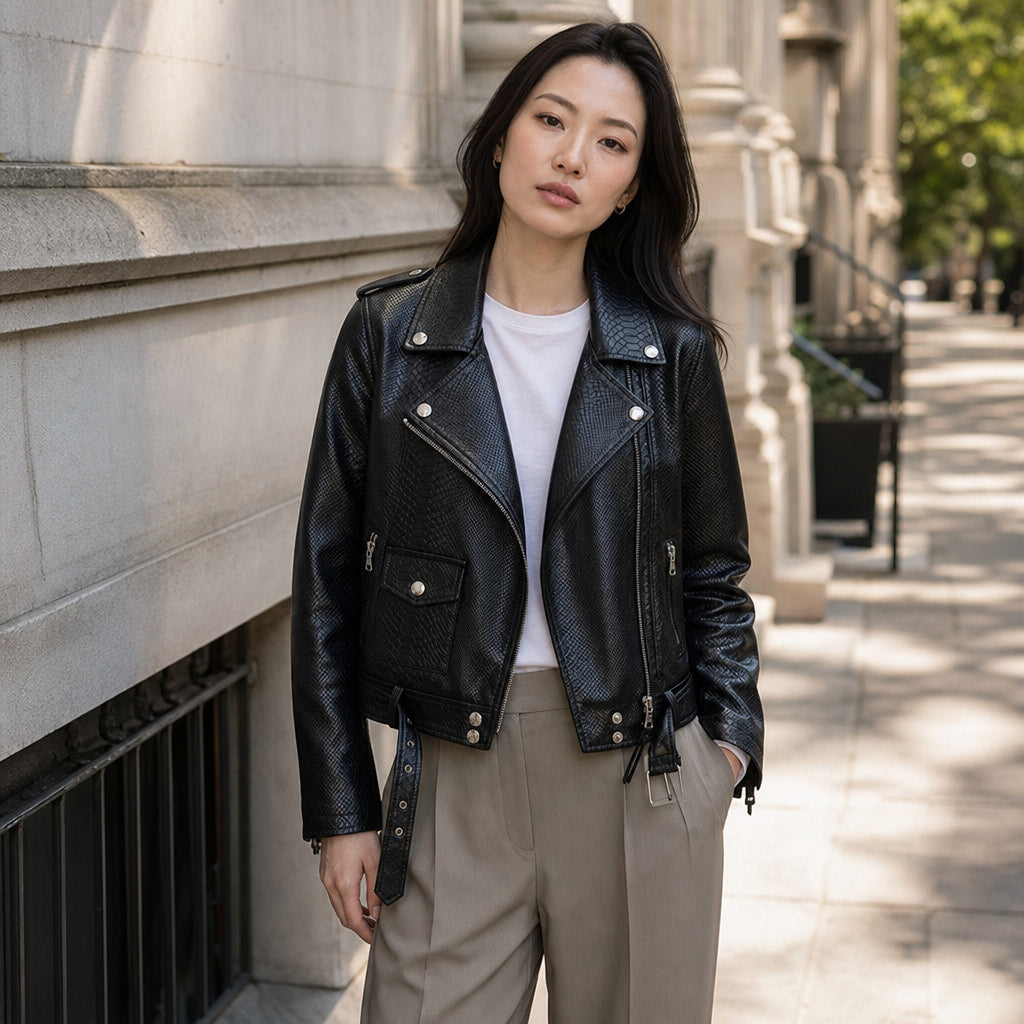 Snake Print Biker Jacket Slim Fit Black – Styled Editorial Shot