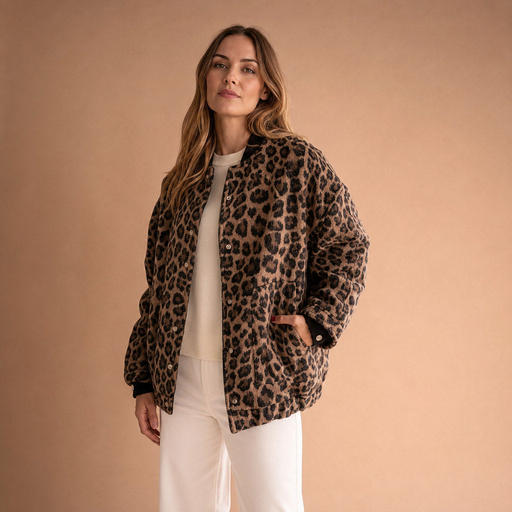Leopard Print Bomber Jacket Brown Brown – Side Angle View