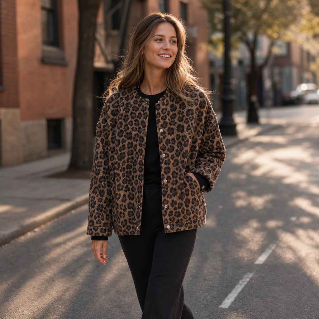 Leopard Print Bomber Jacket Brown Brown – Styled Editorial Shot
