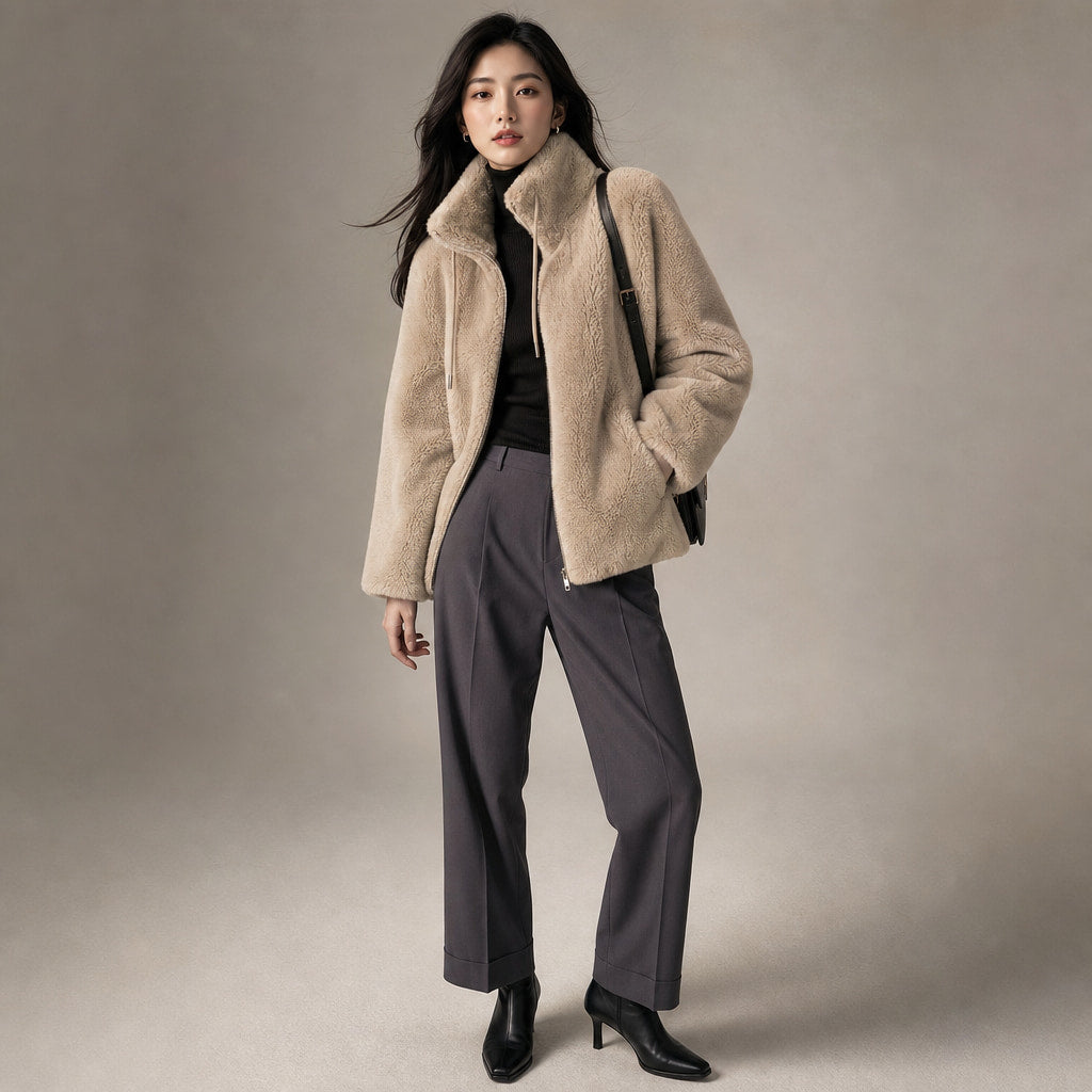 Giacca con Zip da Donna a Vestibilità Rilassata e Chiusura Frontale Beige – Side Angle View