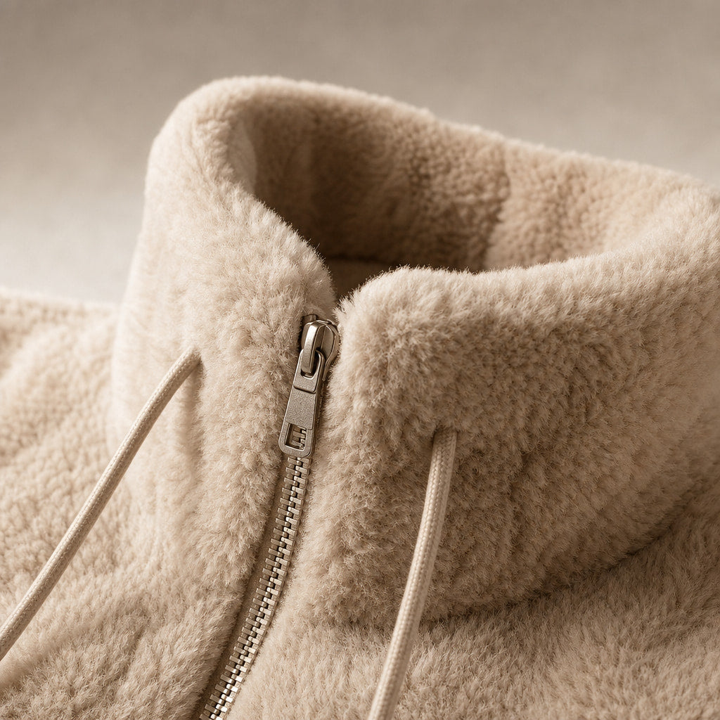 Giacca con Zip da Donna a Vestibilità Rilassata e Chiusura Frontale Beige – Fabric and Detail Close-Up