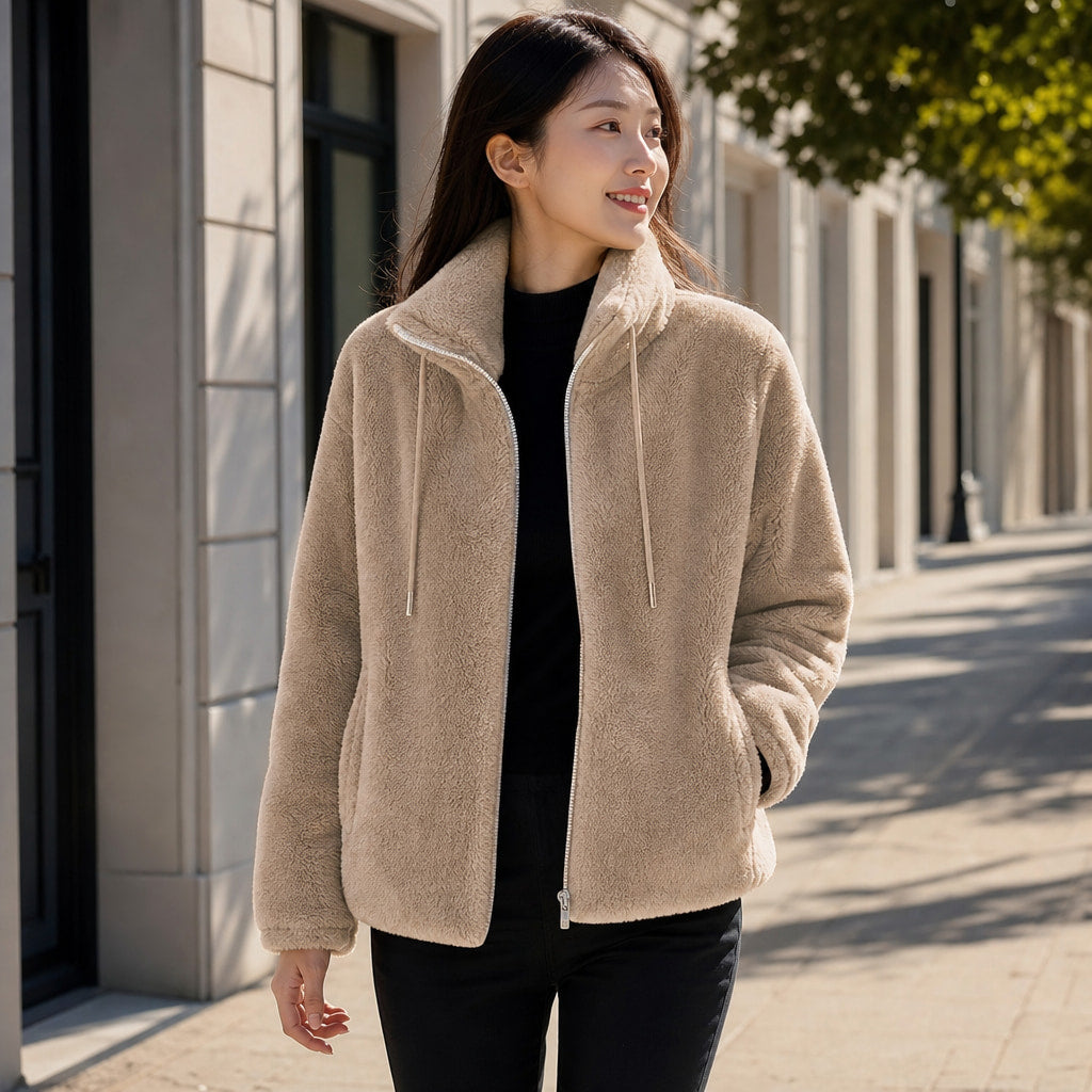 Giacca con Zip da Donna a Vestibilità Rilassata e Chiusura Frontale Beige – Styled Editorial Shot