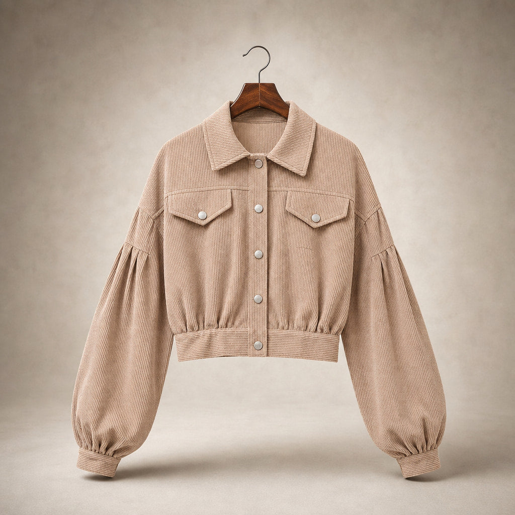 Cropped Corduroy Jacket Lantern Sleeves Beige – Product Photo