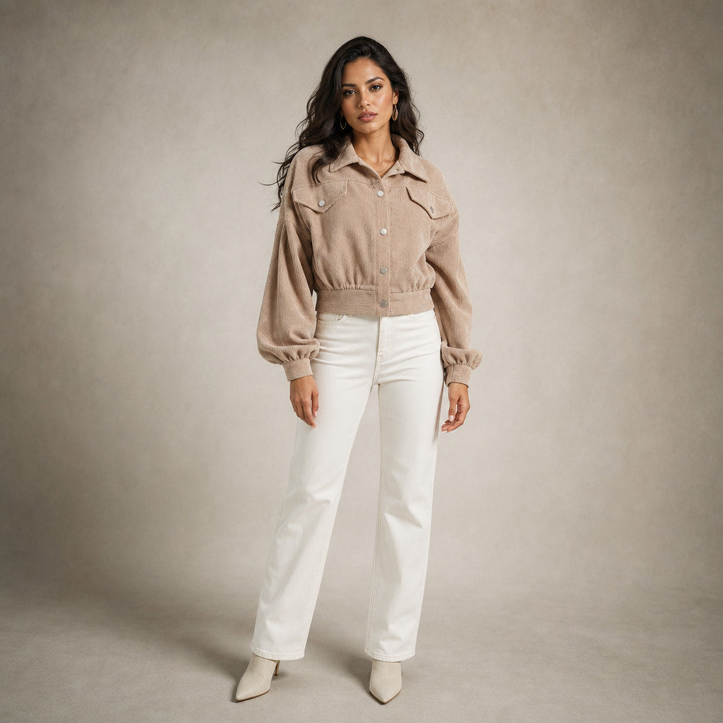 Cropped Corduroy Jacket Lantern Sleeves in Beige – Mampierimoda Premium Womenswear