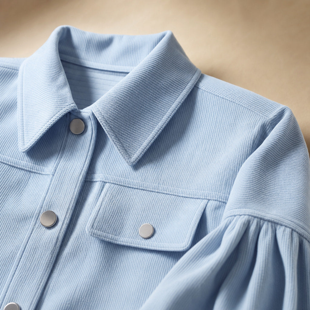 Cropped Corduroy Jacket Lantern Sleeves Light Blue – Fabric and Detail Close-Up
