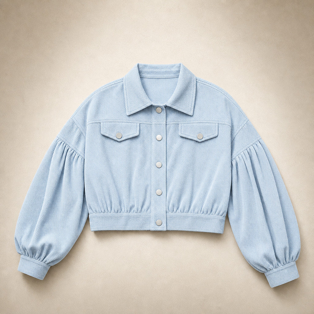 Cropped Corduroy Jacket Lantern Sleeves Light Blue – Flat Lay Product Photo