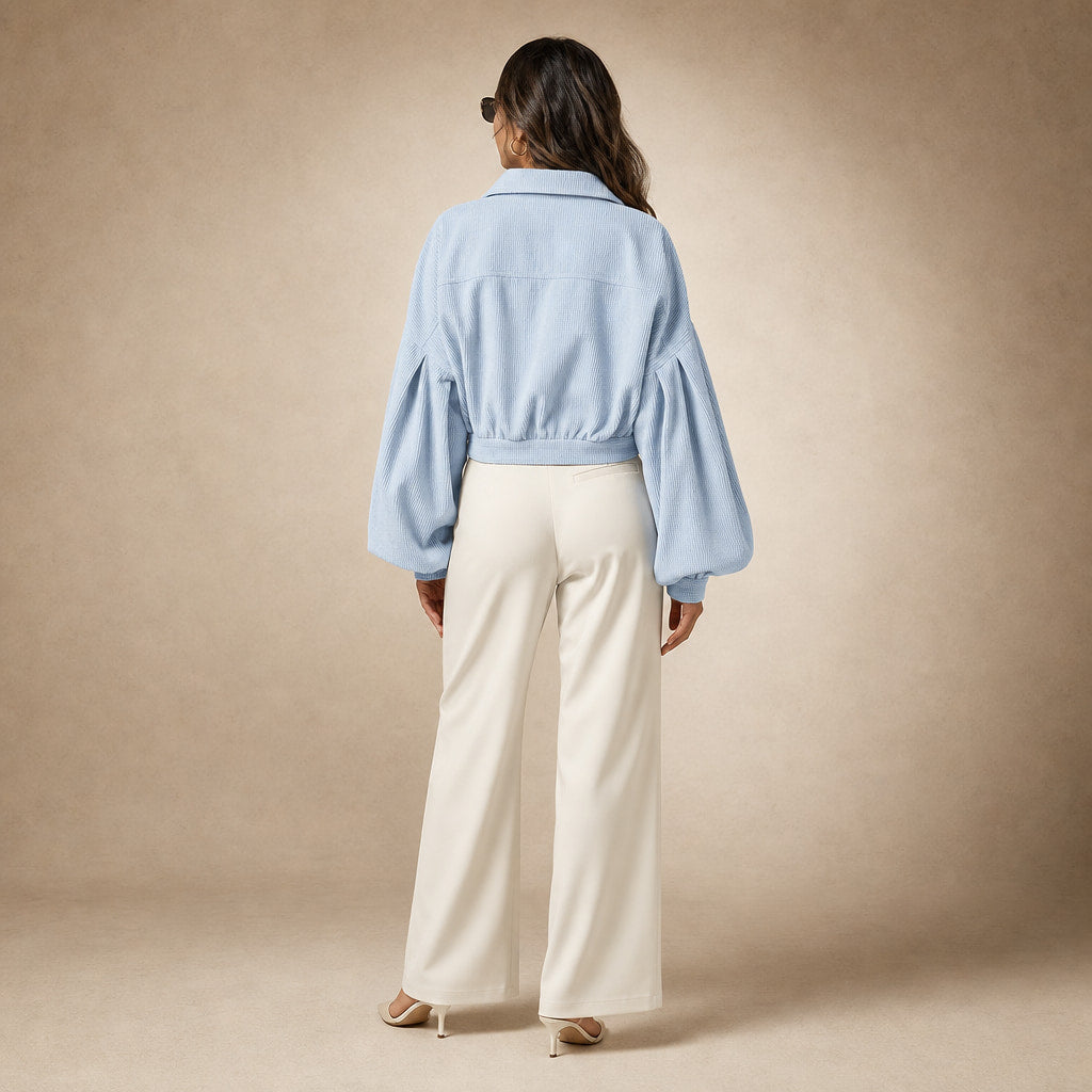 Cropped Corduroy Jacket Lantern Sleeves Light Blue – Full Look