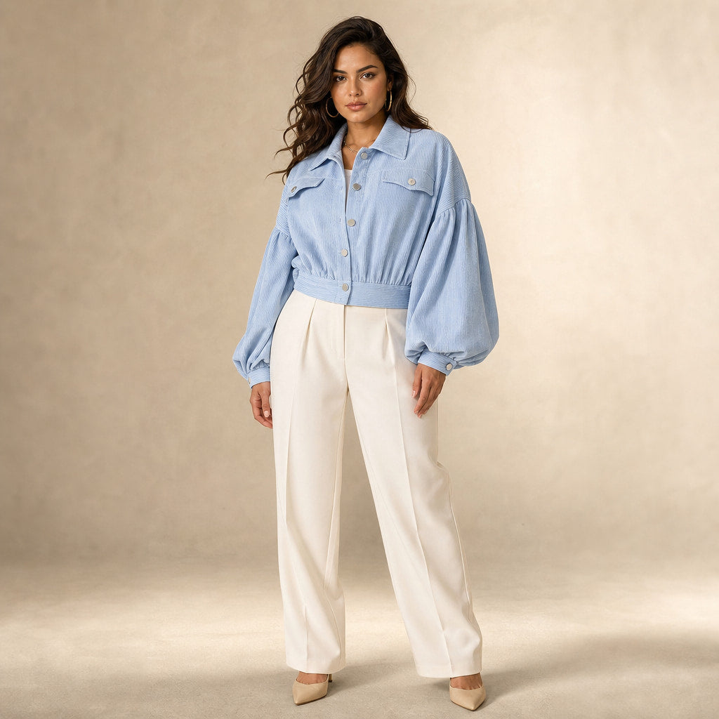 Cropped Corduroy Jacket Lantern Sleeves in Light Blue – Mampierimoda Premium Womenswear