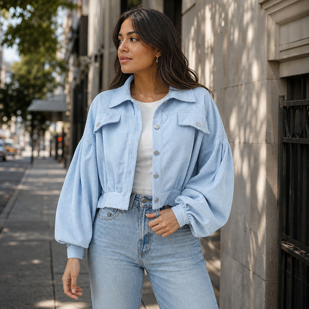Cropped Corduroy Jacket Lantern Sleeves Light Blue – Styled Editorial Shot