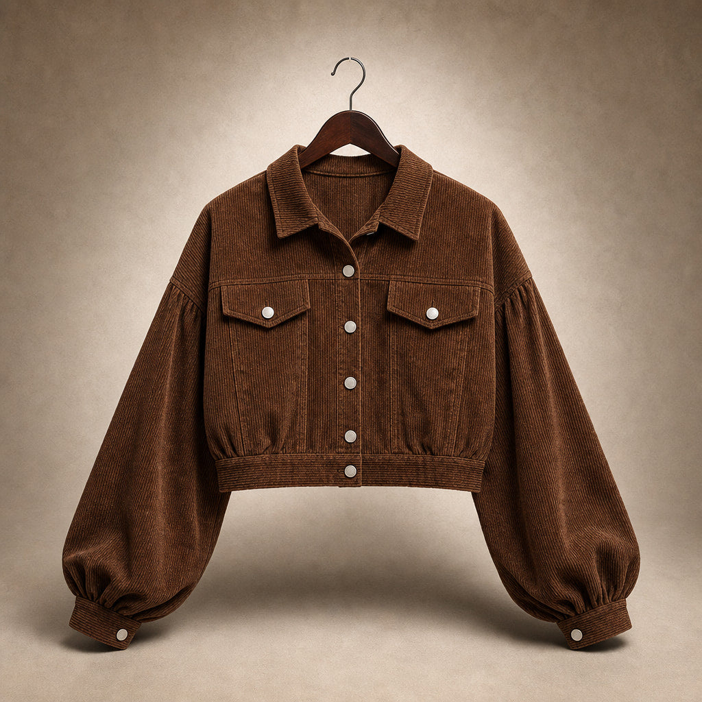 Cropped Corduroy Jacket Lantern Sleeves Dark Brown – Product Photo