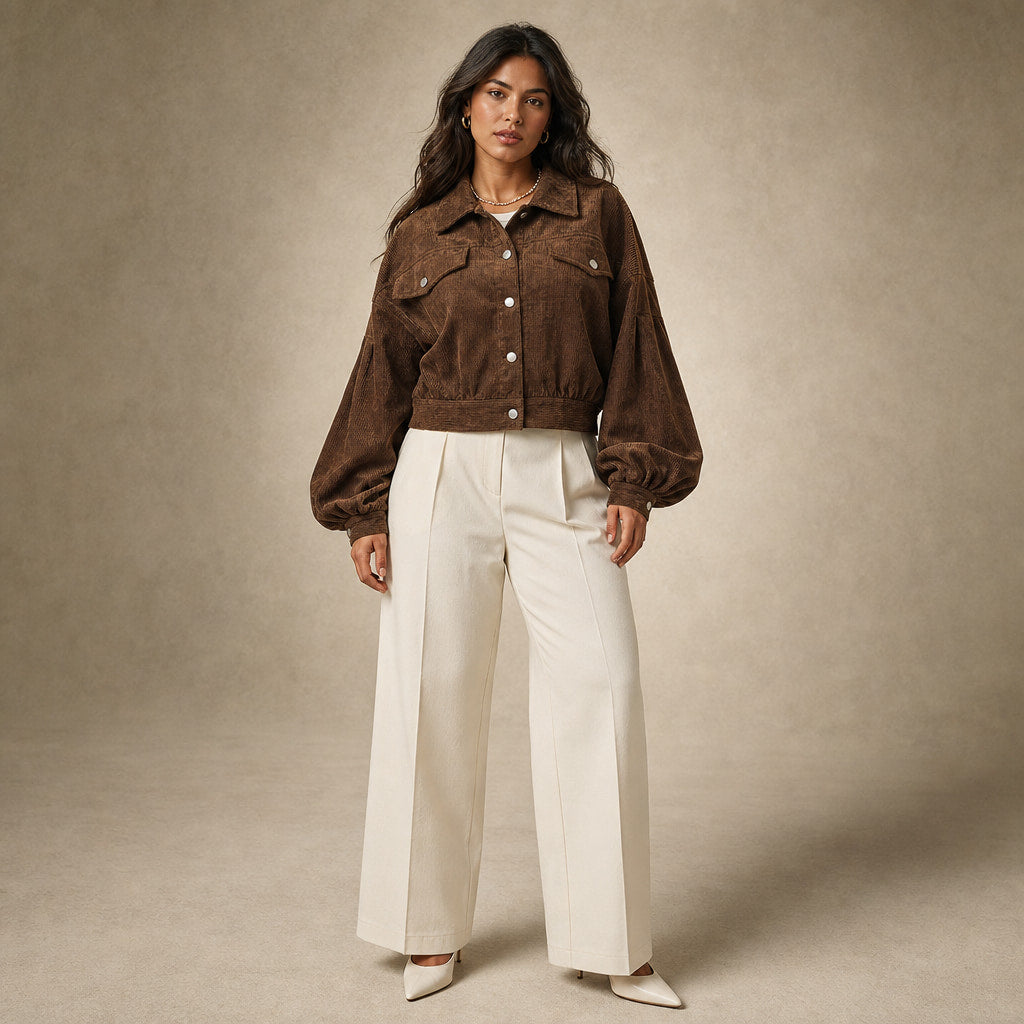 Cropped Corduroy Jacket Lantern Sleeves in Dark Brown – Mampierimoda Premium Womenswear