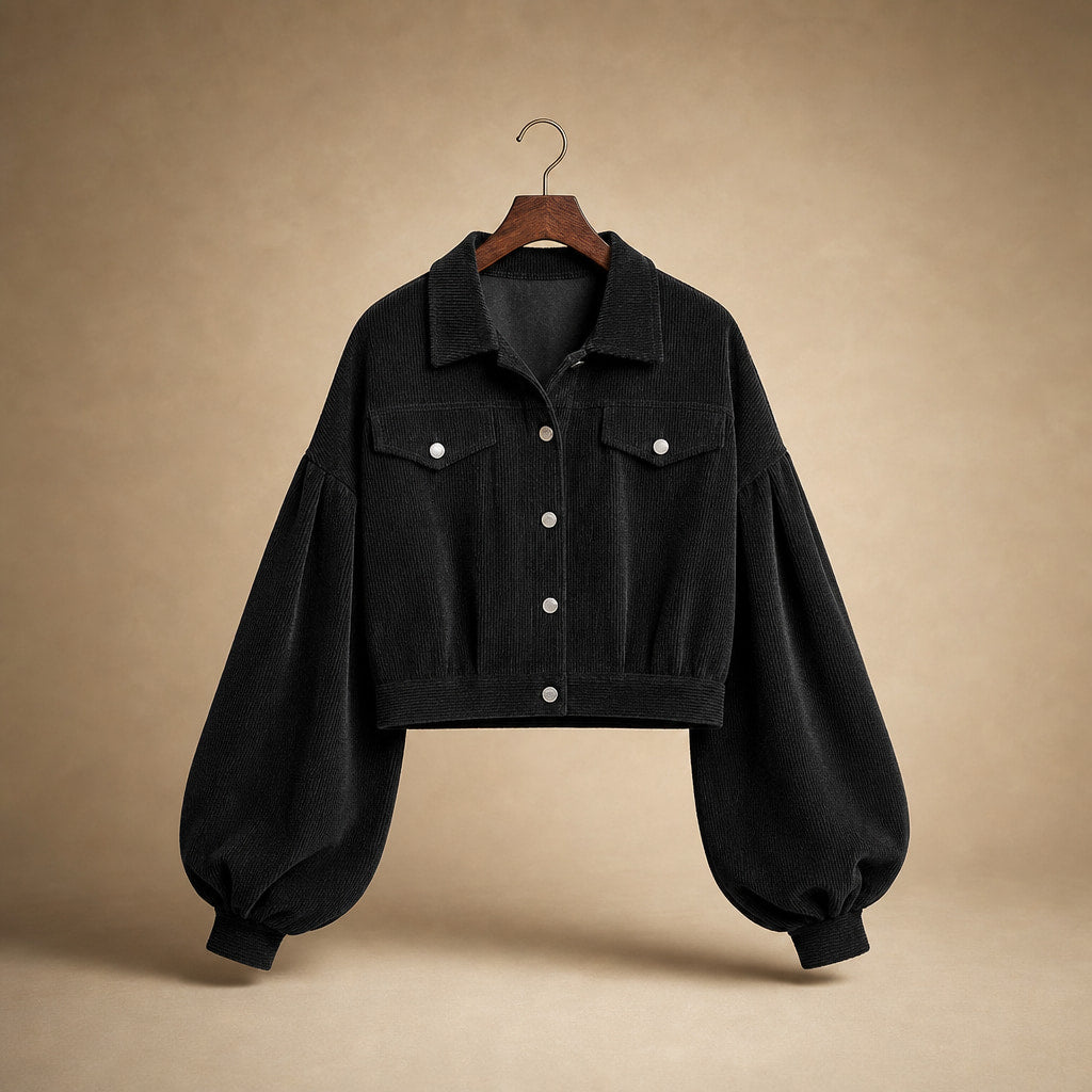 Cropped Corduroy Jacket Lantern Sleeves Black – Product Photo