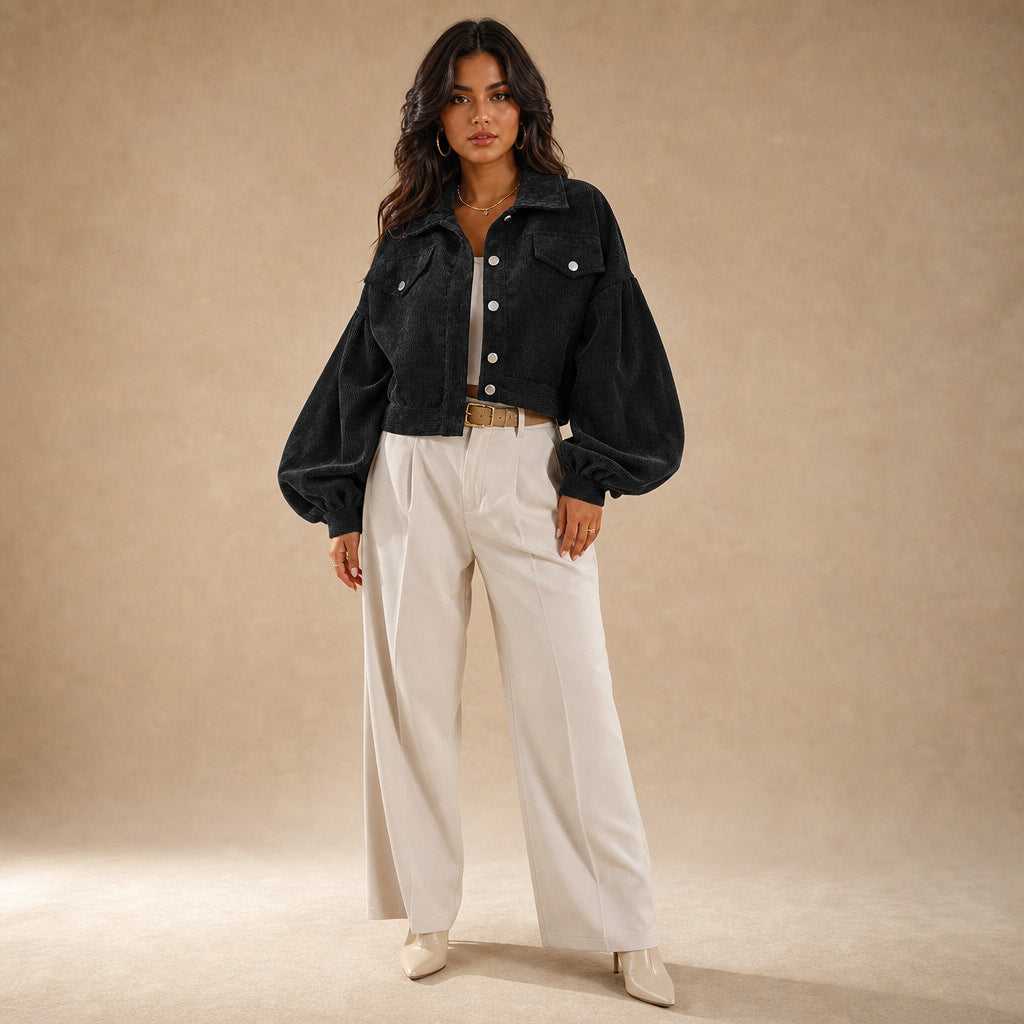 Cropped Corduroy Jacket Lantern Sleeves in Black – Mampierimoda Premium Womenswear