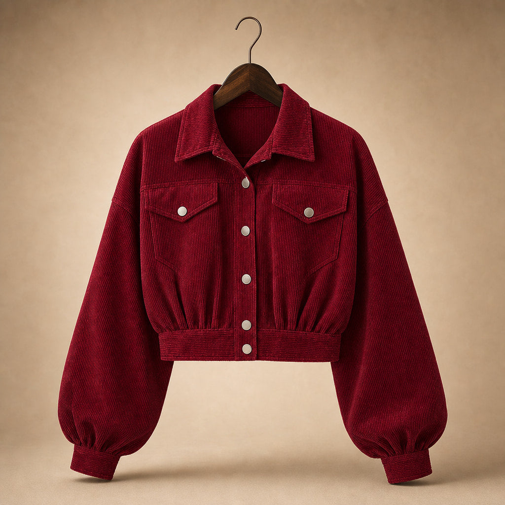Cropped Corduroy Jacket Lantern Sleeves Dark Red – Product Photo
