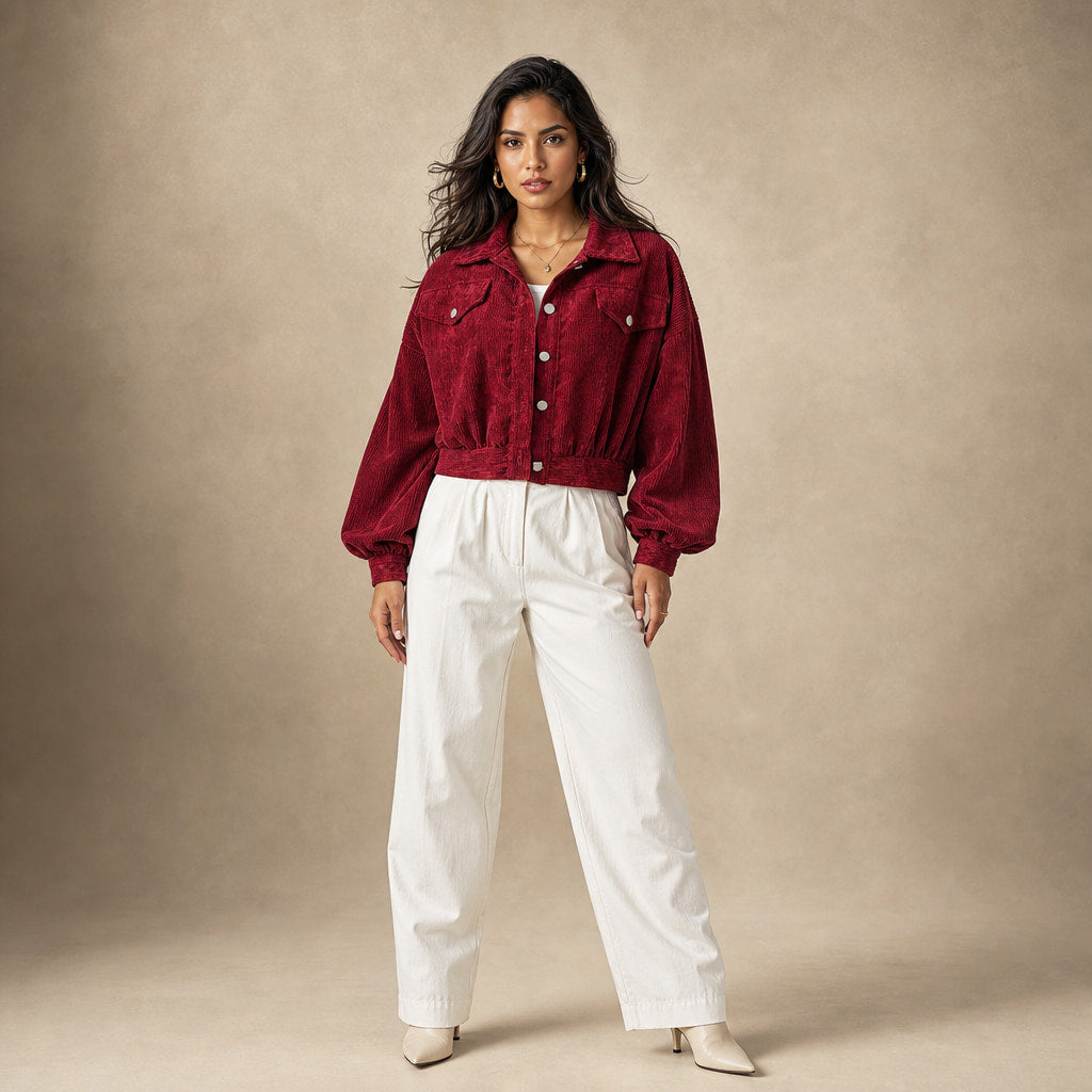 Cropped Corduroy Jacket Lantern Sleeves in Dark Red – Mampierimoda Premium Womenswear
