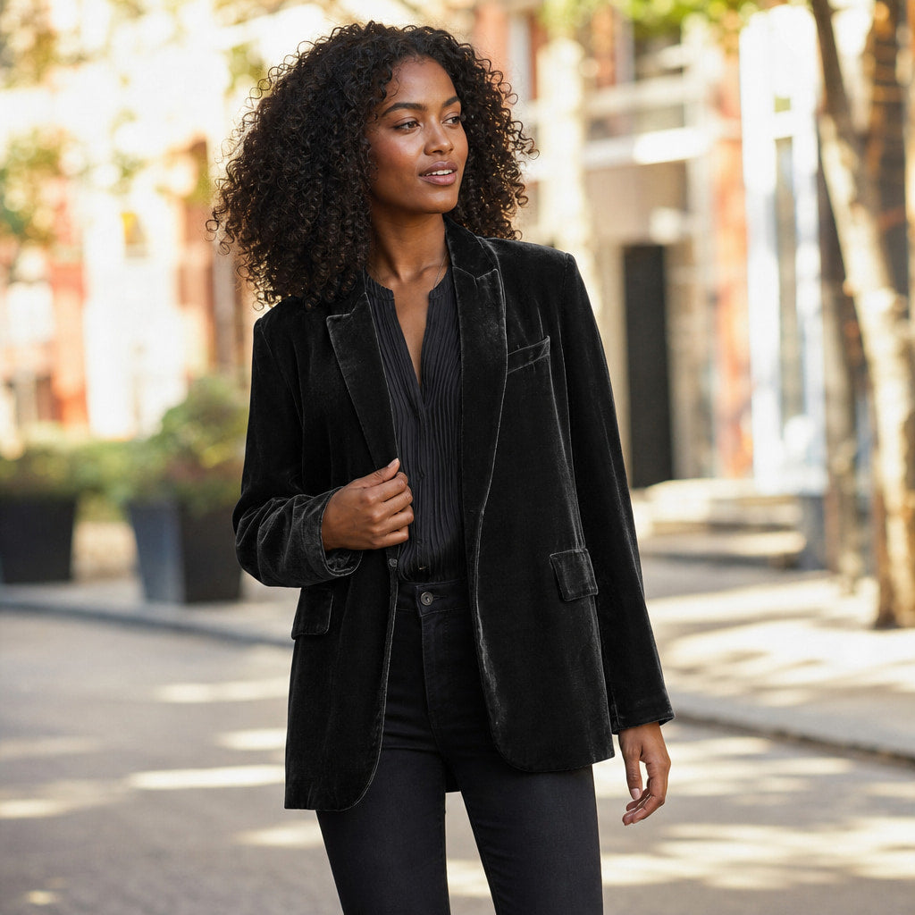 Embroidered Velvet Blazer Slim Fit Black – Styled Editorial Shot