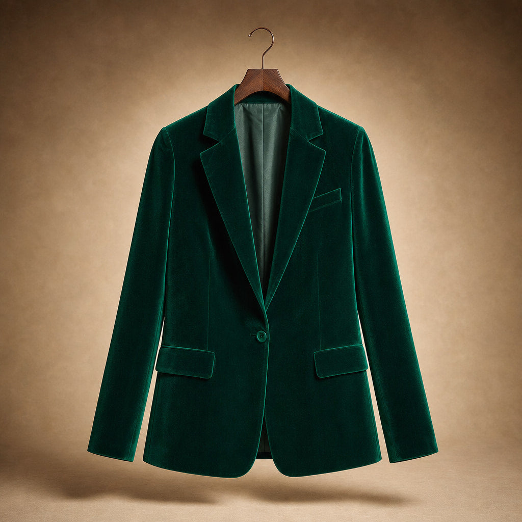 Embroidered Velvet Blazer Slim Fit Dark Green – Product Photo