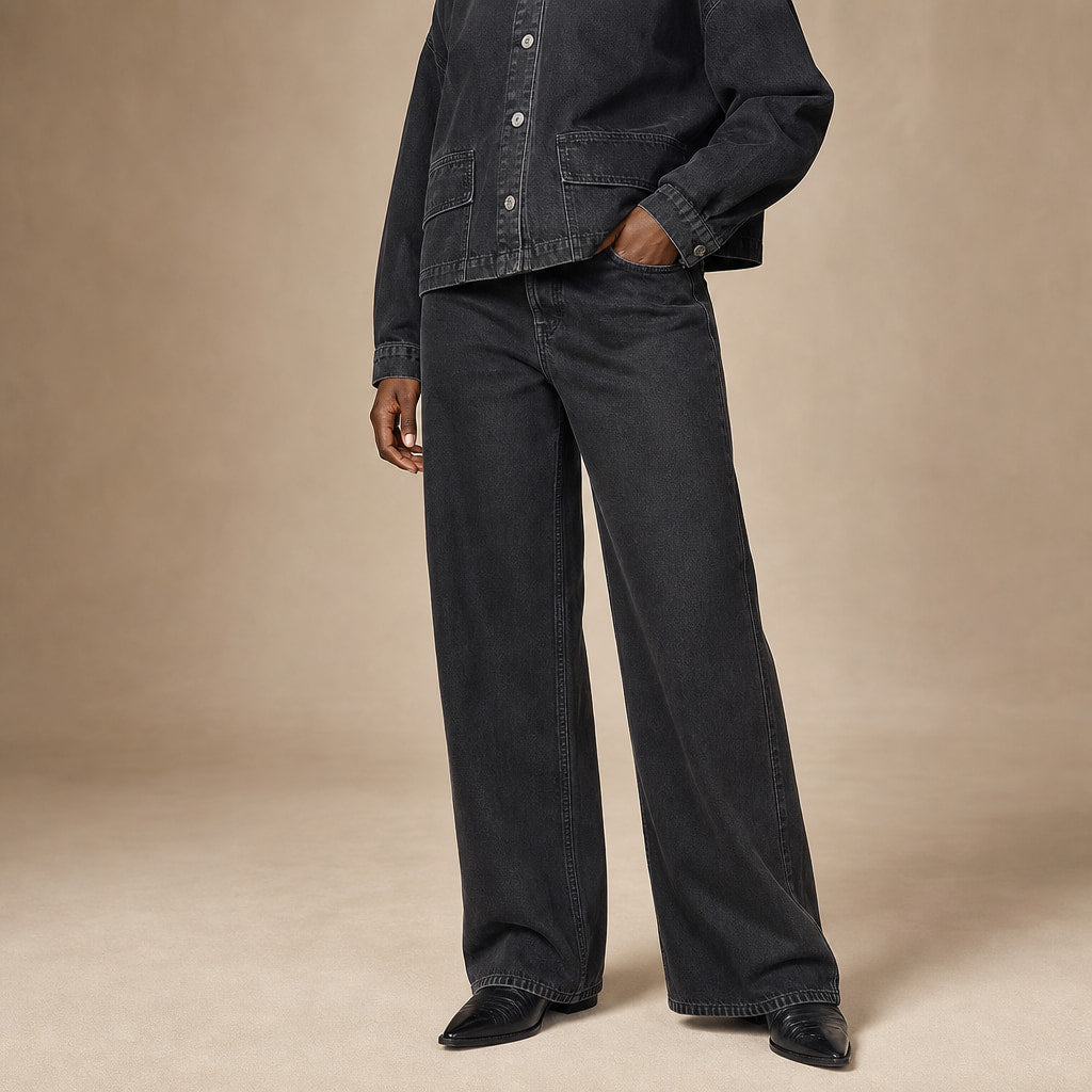Giacca Donna in Denim con Colletto a Risvolto e Maniche Lunghe Nero – Side Angle View
