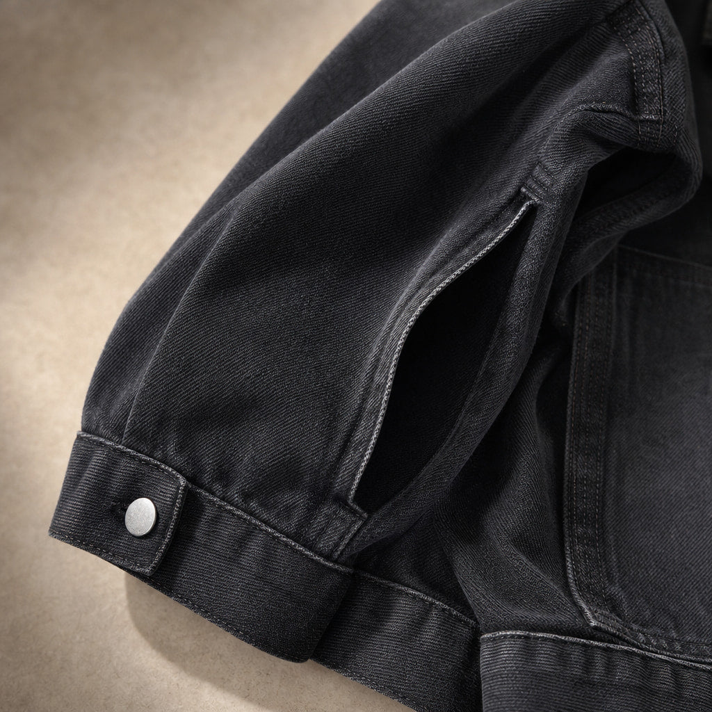 Giacca Donna in Denim con Colletto a Risvolto e Maniche Lunghe Nero – Fabric and Detail Close-Up