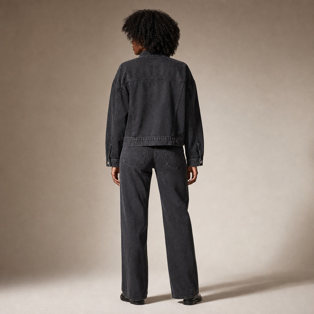 Giacca Donna in Denim con Colletto a Risvolto e Maniche Lunghe Nero – Full Look
