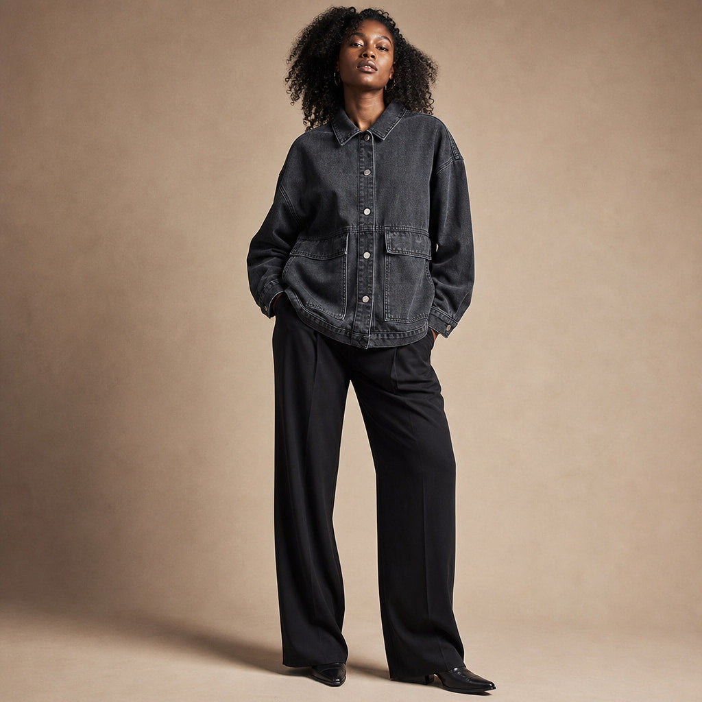 Giacca Donna in Denim con Colletto a Risvolto e Maniche Lunghe in Nero – Mampierimoda Premium Womenswear