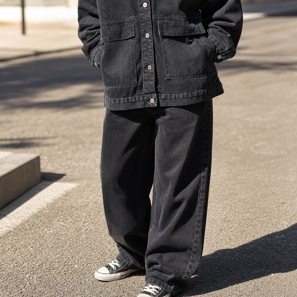 Giacca Donna in Denim con Colletto a Risvolto e Maniche Lunghe Nero – Styled Editorial Shot