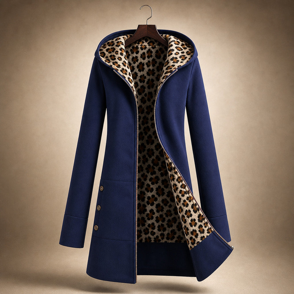 Hooded Winter Jacket Leopard Print Dark Blue – Product Photo
