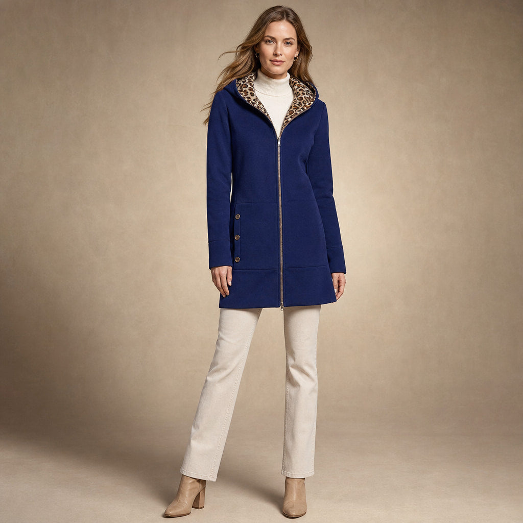 Hooded Winter Jacket Leopard Print in Dark Blue – Mampierimoda Premium Womenswear