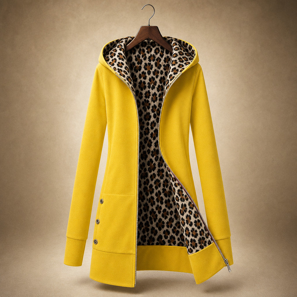 Hooded Winter Jacket Leopard Print Yellow – Product Photo