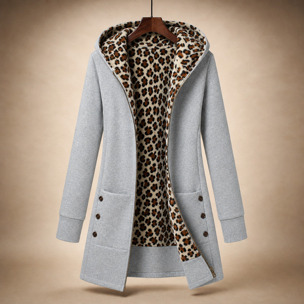 Hooded Winter Jacket Leopard Print Light Gray – Product Photo