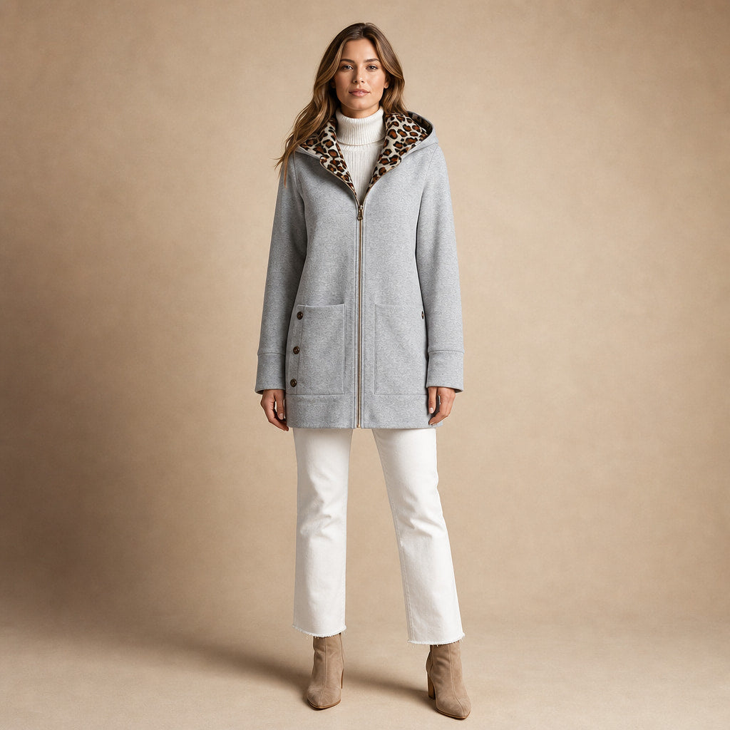 Hooded Winter Jacket Leopard Print in Light Gray – Mampierimoda Premium Womenswear