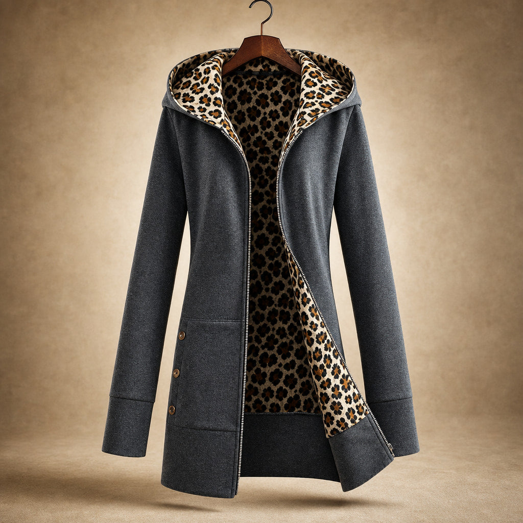 Hooded Winter Jacket Leopard Print Dark Gray – Product Photo