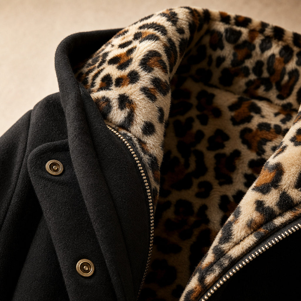 Hooded Winter Jacket Leopard Print Black – Fabric and Detail Close-Up