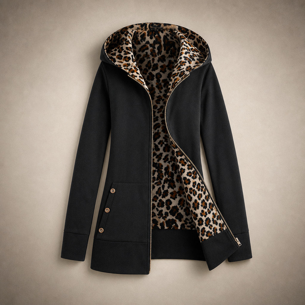 Hooded Winter Jacket Leopard Print Black – Flat Lay Product Photo
