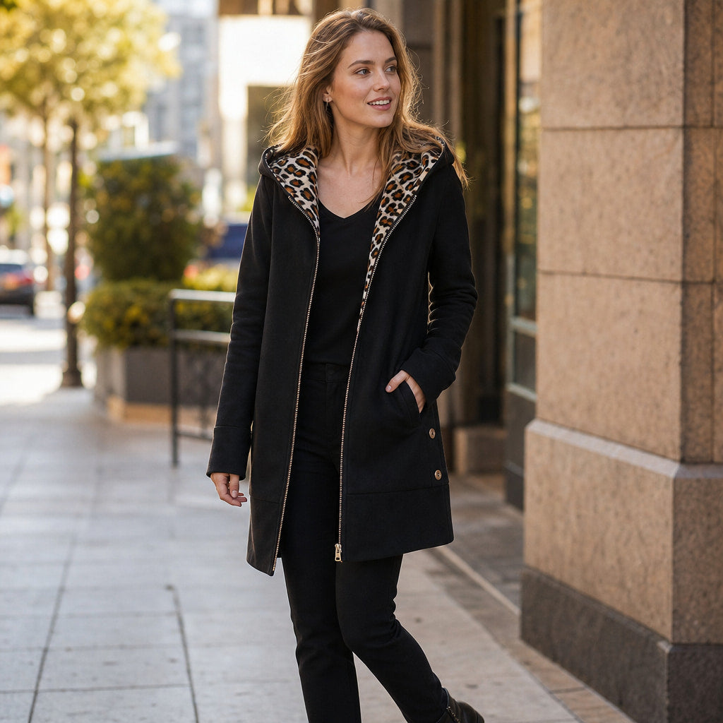 Hooded Winter Jacket Leopard Print Black – Styled Editorial Shot